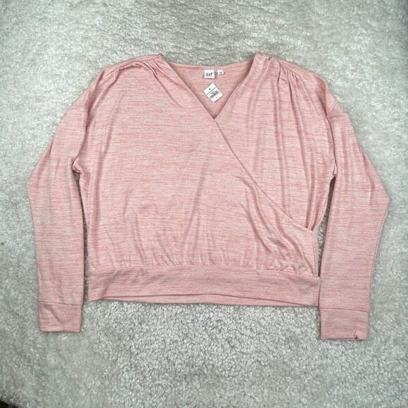 Gap Long Sleeve Softspun Wrap Front Top Heathered Pink NEW - Picture 2 of 8